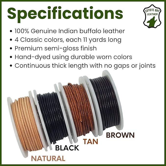 Round Leather Cord in 4 Classic Waxed Colors: Brown, Tan, Black, Natural