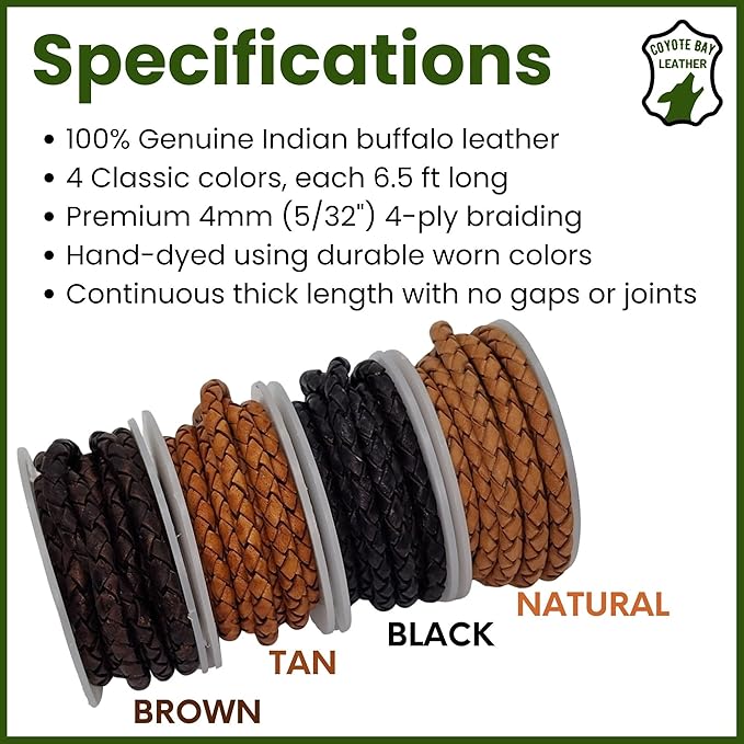 Round Braided Bolo Leather Cords in 4 Classic Colors: Brown, Tan, Black, Natural