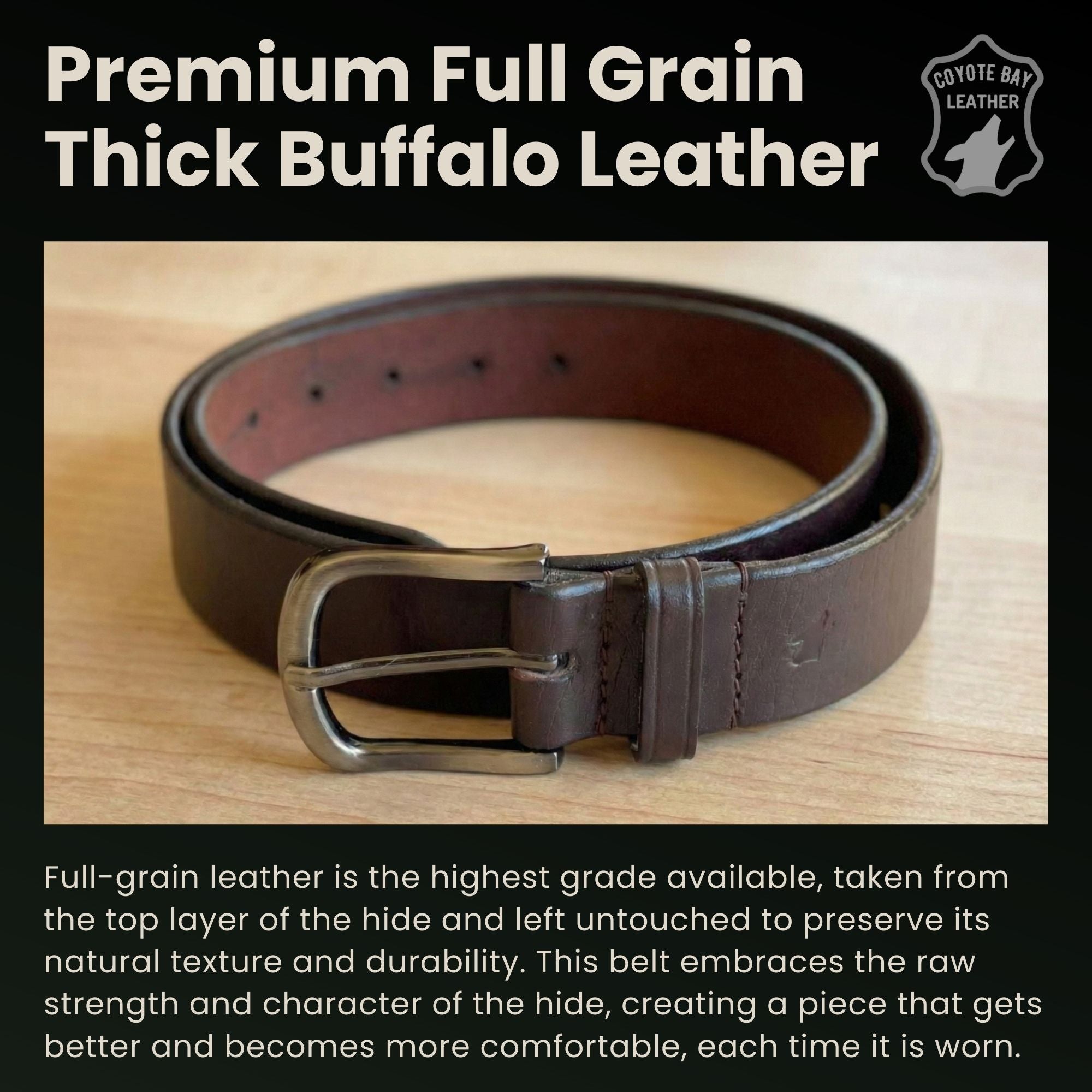 Bisonzo Mens Premium Full Grain Thick Leather Belt for Everyday Use