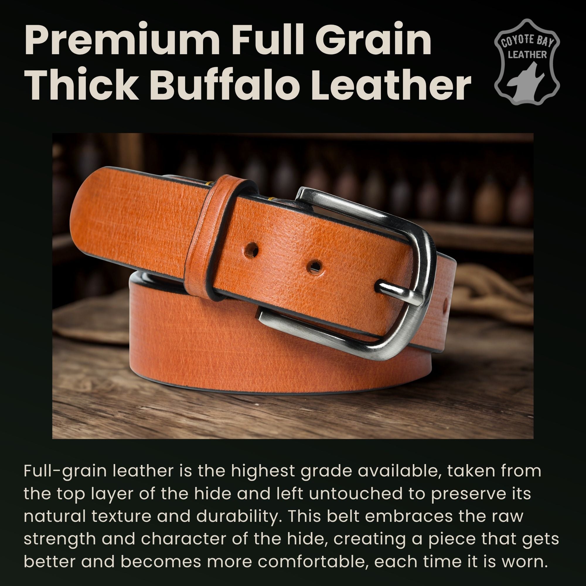 Bisonzo Mens Premium Full Grain Thick Leather Belt for Everyday Use