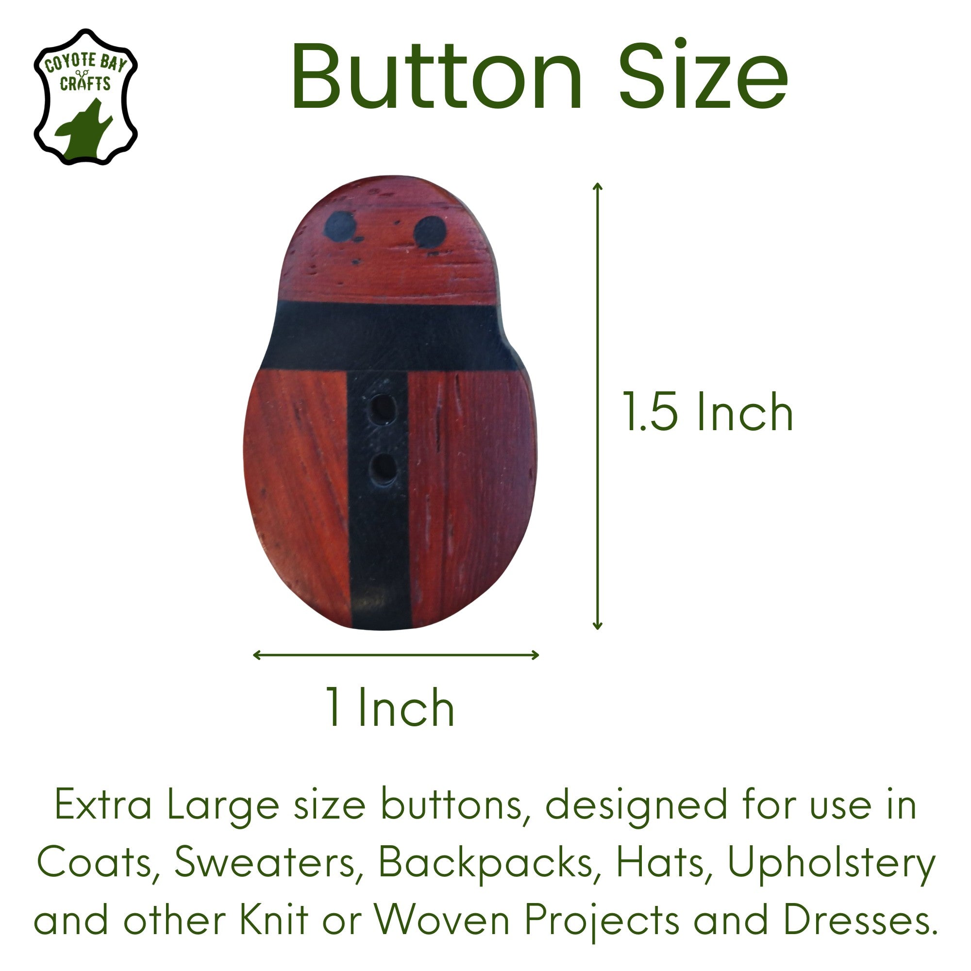 Padauk and Ebony Wood Bug Design Button, XL size 1.5 inch,  Set of 6