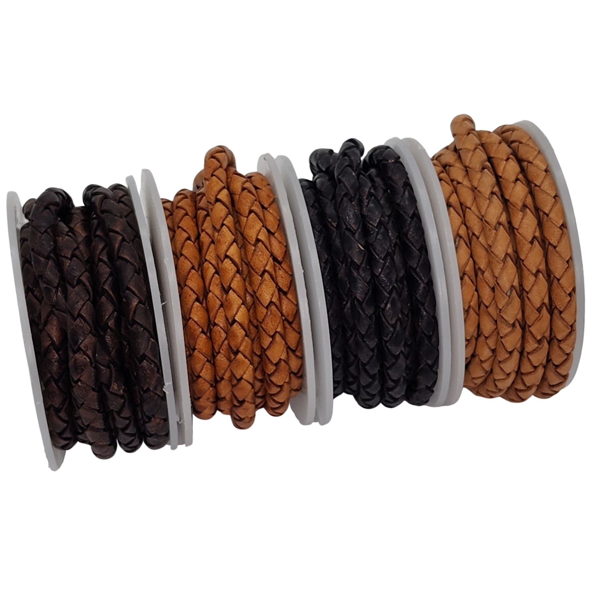 Braided bolo leather cord spools, horizontal detail view of the tight 4-ply braid
