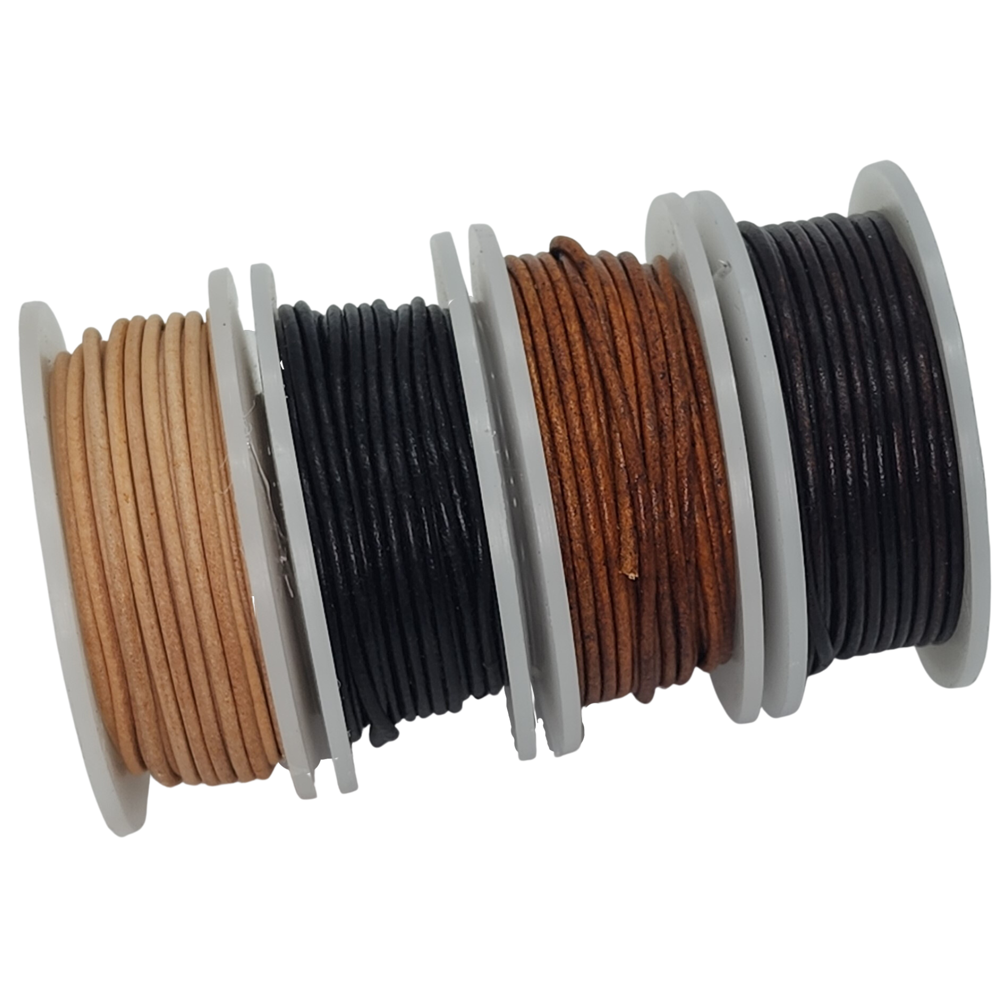 Semi-gloss waxed leather cord spools, detail view of the four classic colors