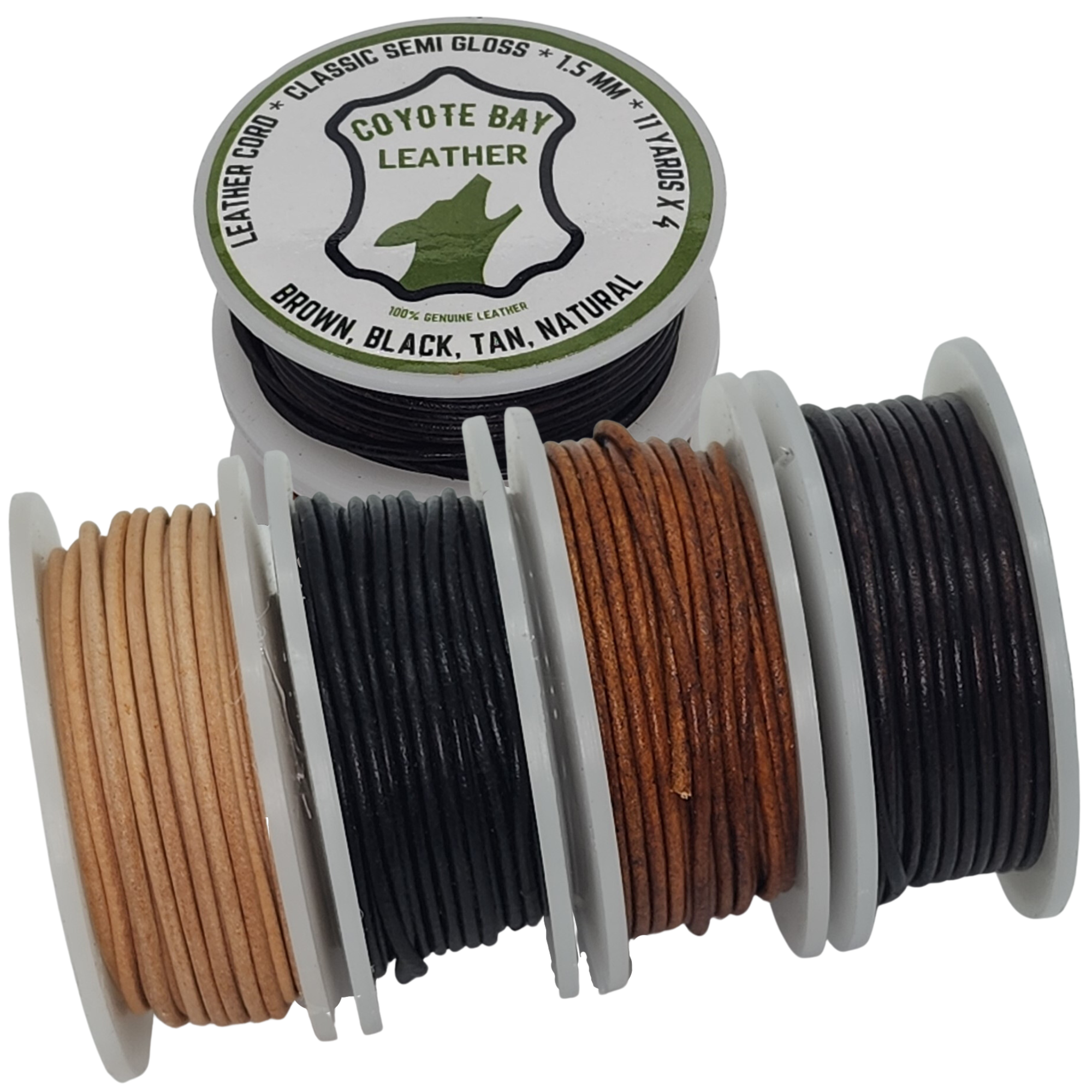 Round leather cord variety pack in semi-gloss waxed finish, four classic colors (black, brown, tan, natural), 1.5 mm spool