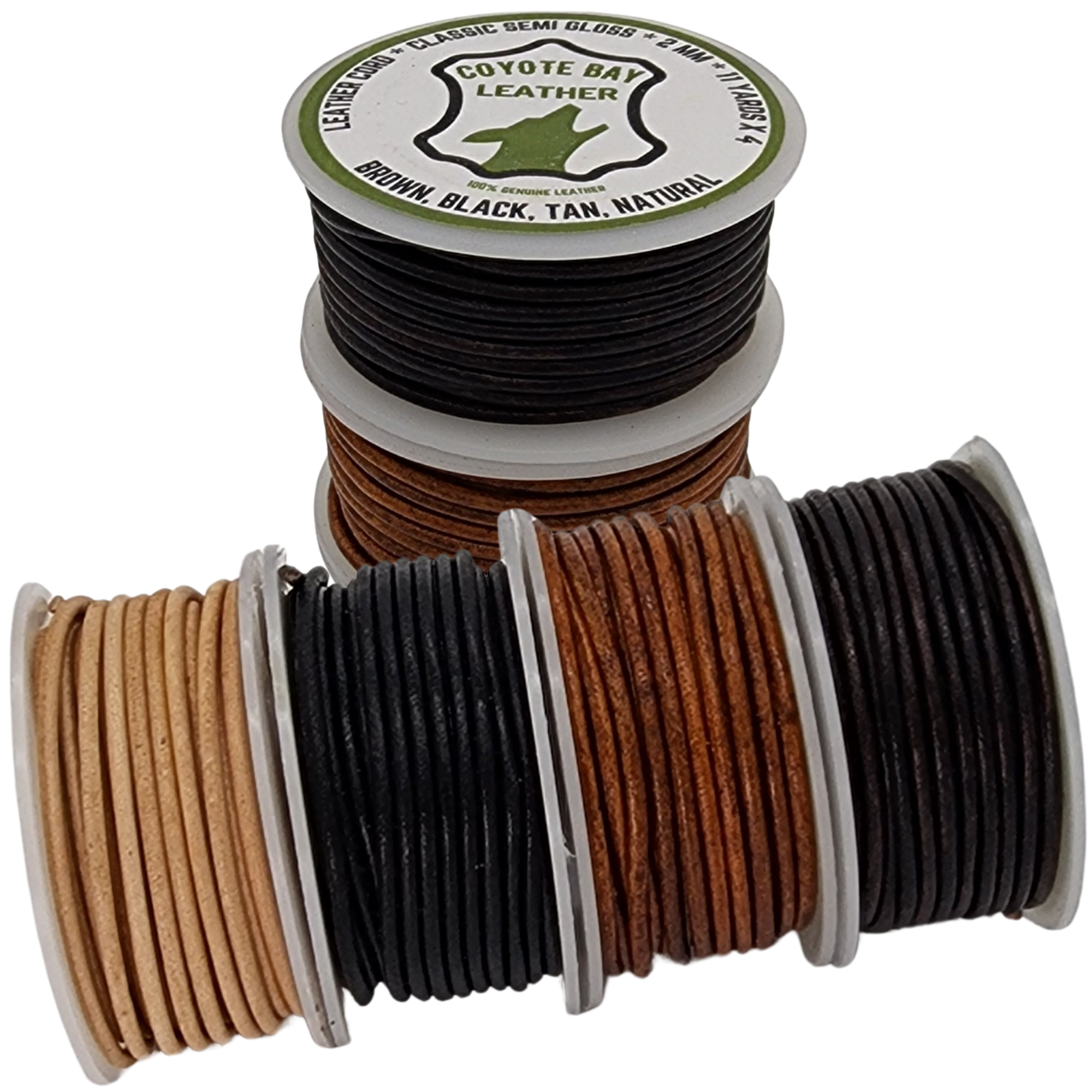 Round leather cord variety pack in semi-gloss waxed finish, four classic colors, 2 mm spool