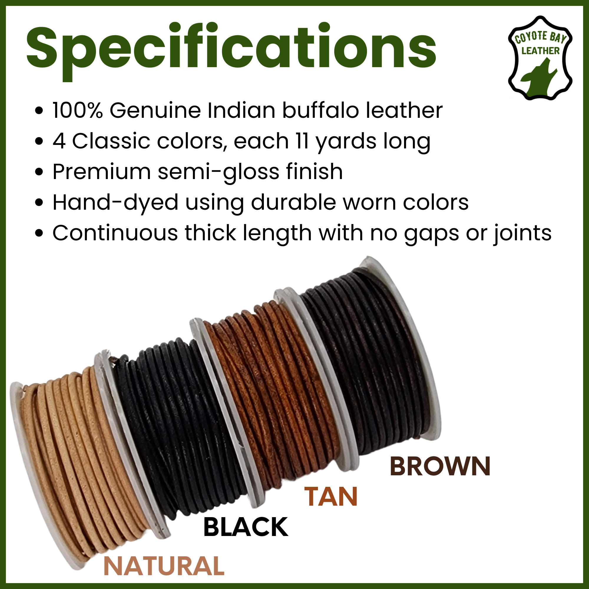 Specifications of 2 mm semi-gloss buffalo leather cord: 4 colors, 11 yards each, 44 yards total