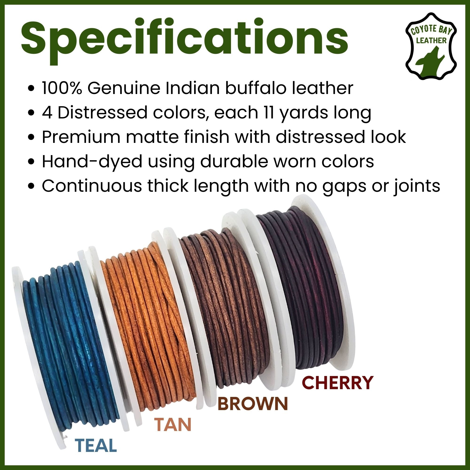 Round Leather Cords Distressed, 4 Colors: Brown, Tan, Teal, and Cherry