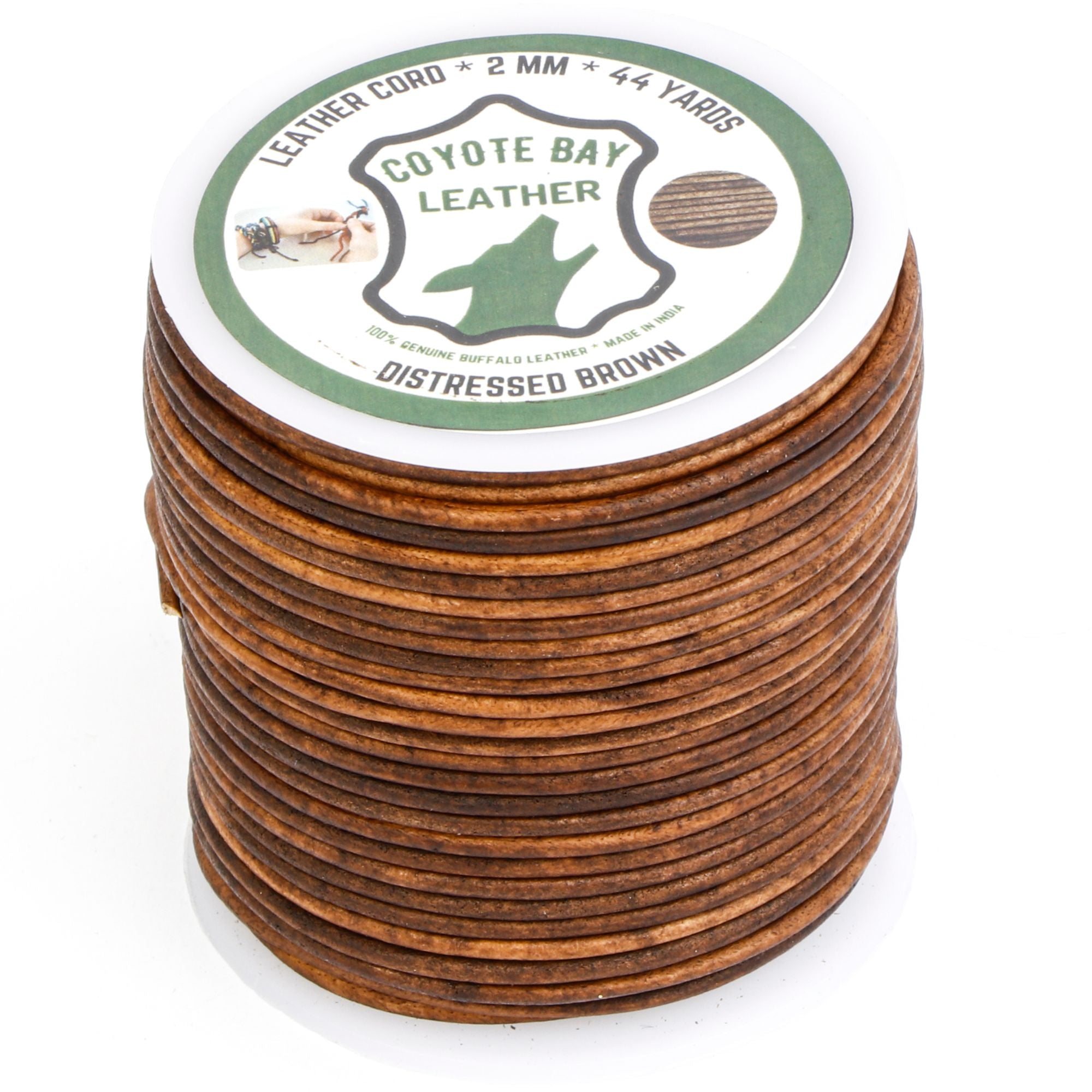 Round buffalo leather cord, distressed finish, brown, 2 mm