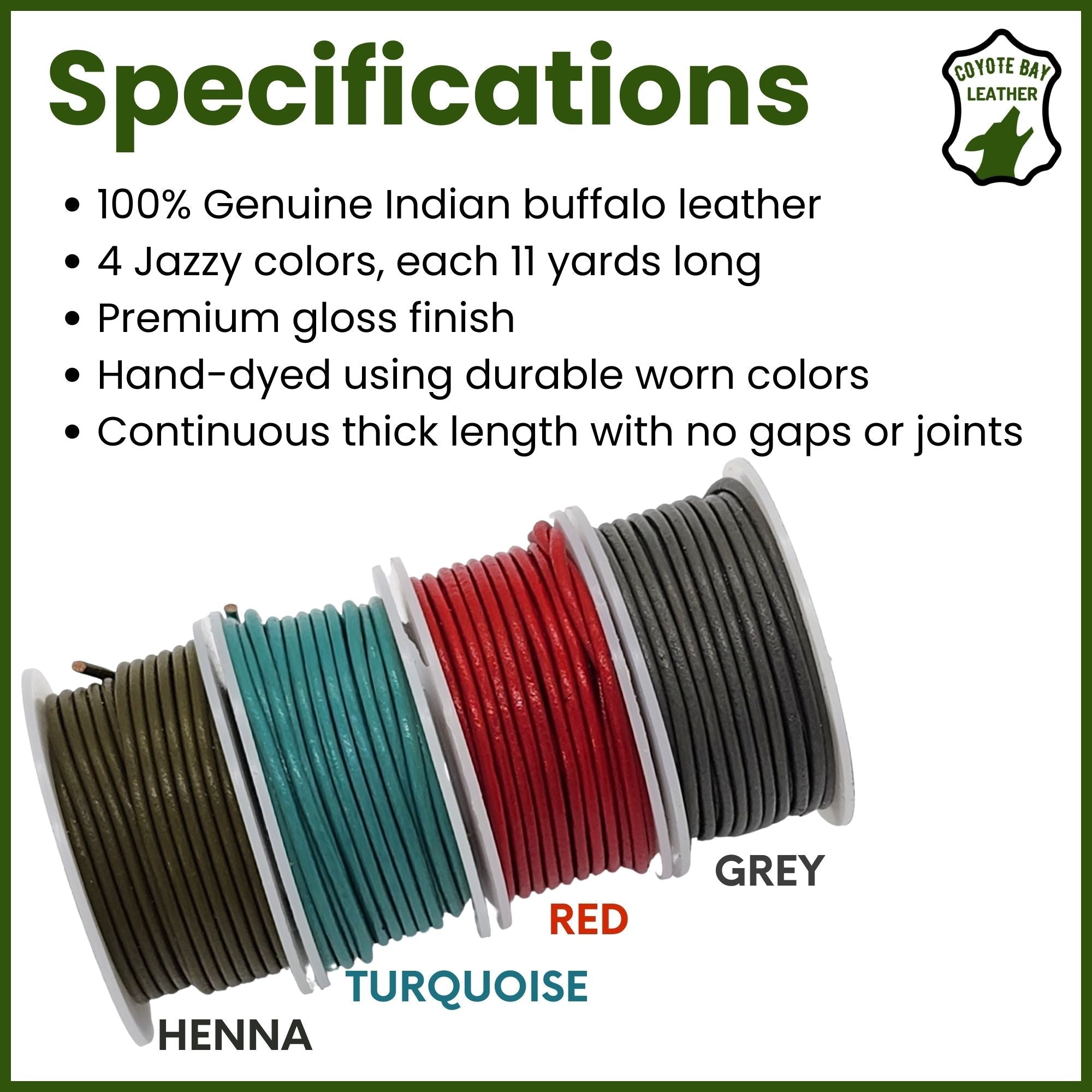 Round Leather Cords in Glossy Finish, 4 Southwestern Colors: Red, Turquoise, Grey, Henna