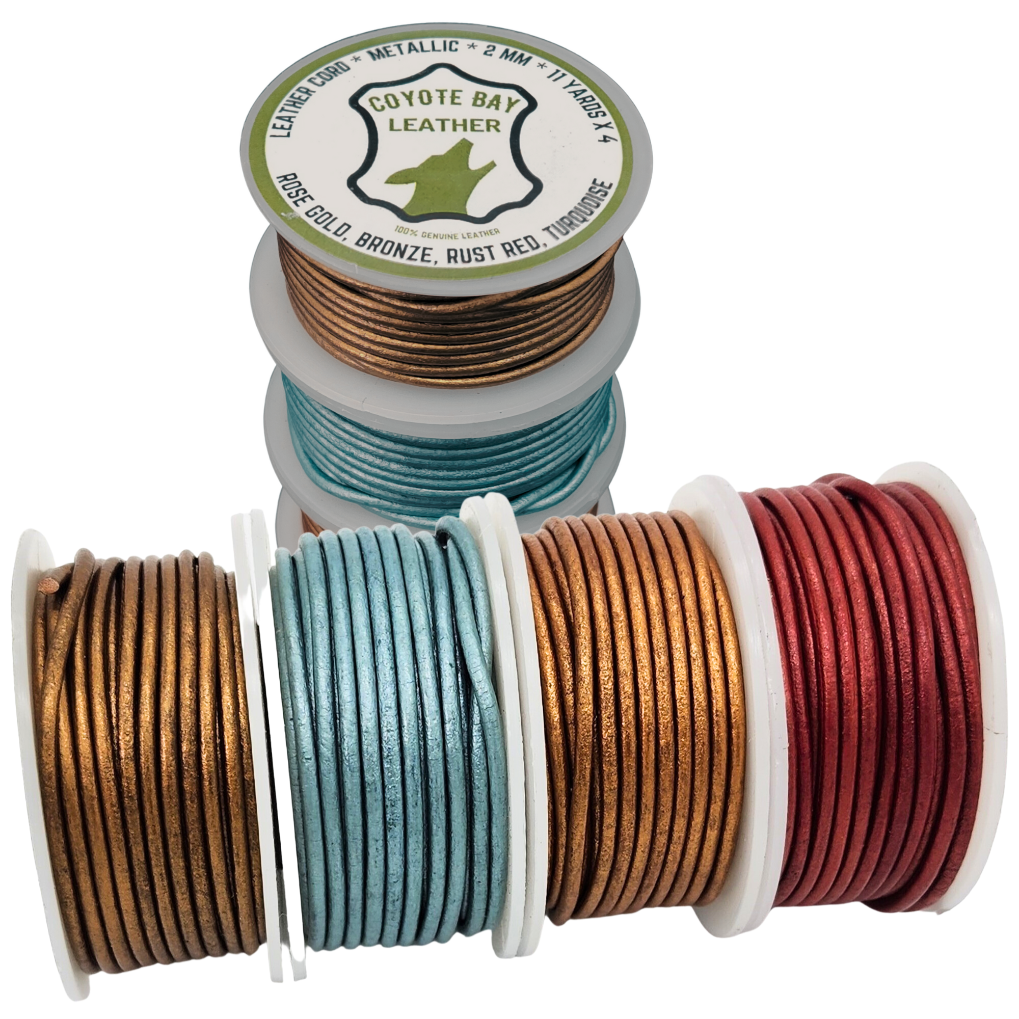Spools of leather cord in various colors with 'Coyote Bay Leather' branding.