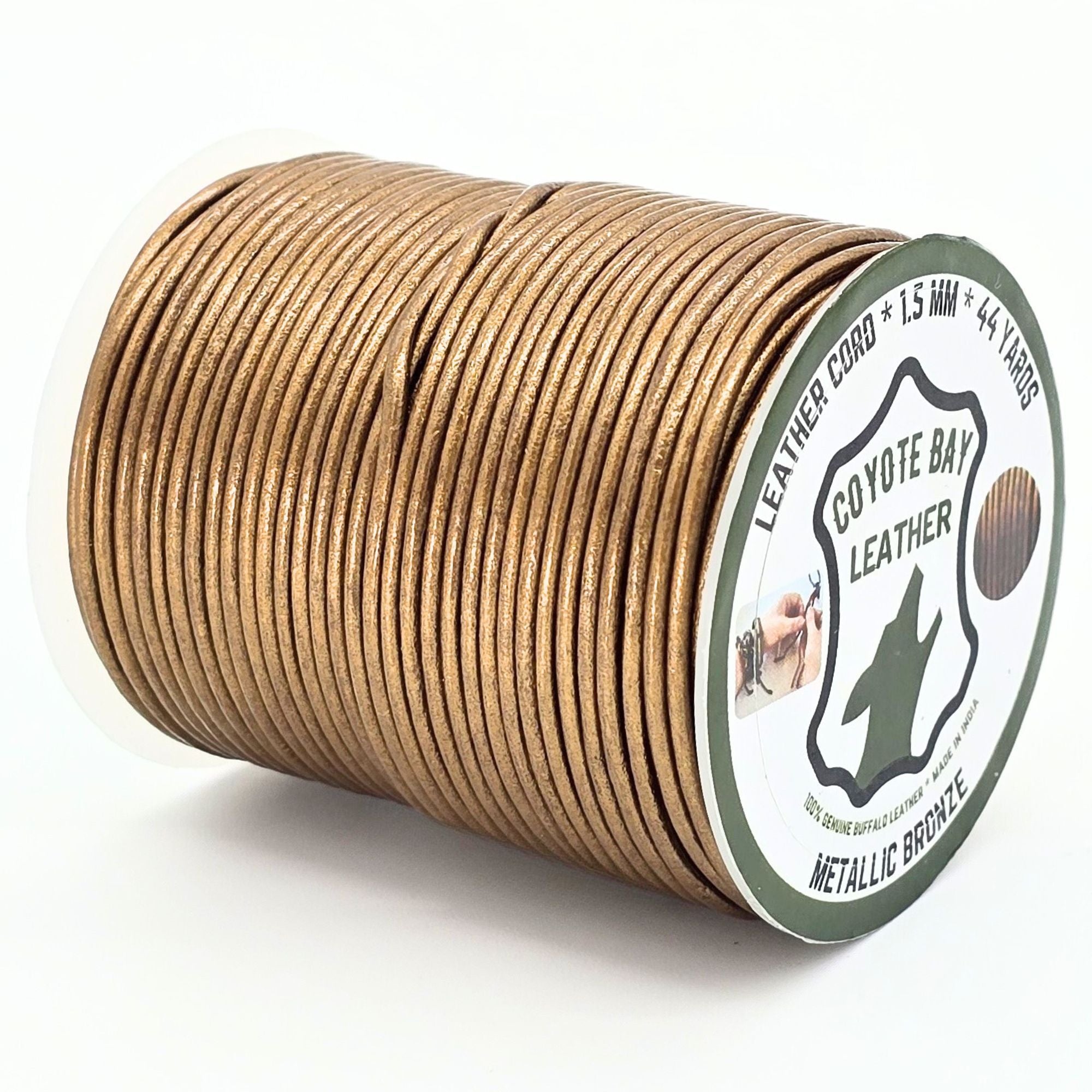 Spool of Coyote Bay Leather metallic bronze leather cord on a white background