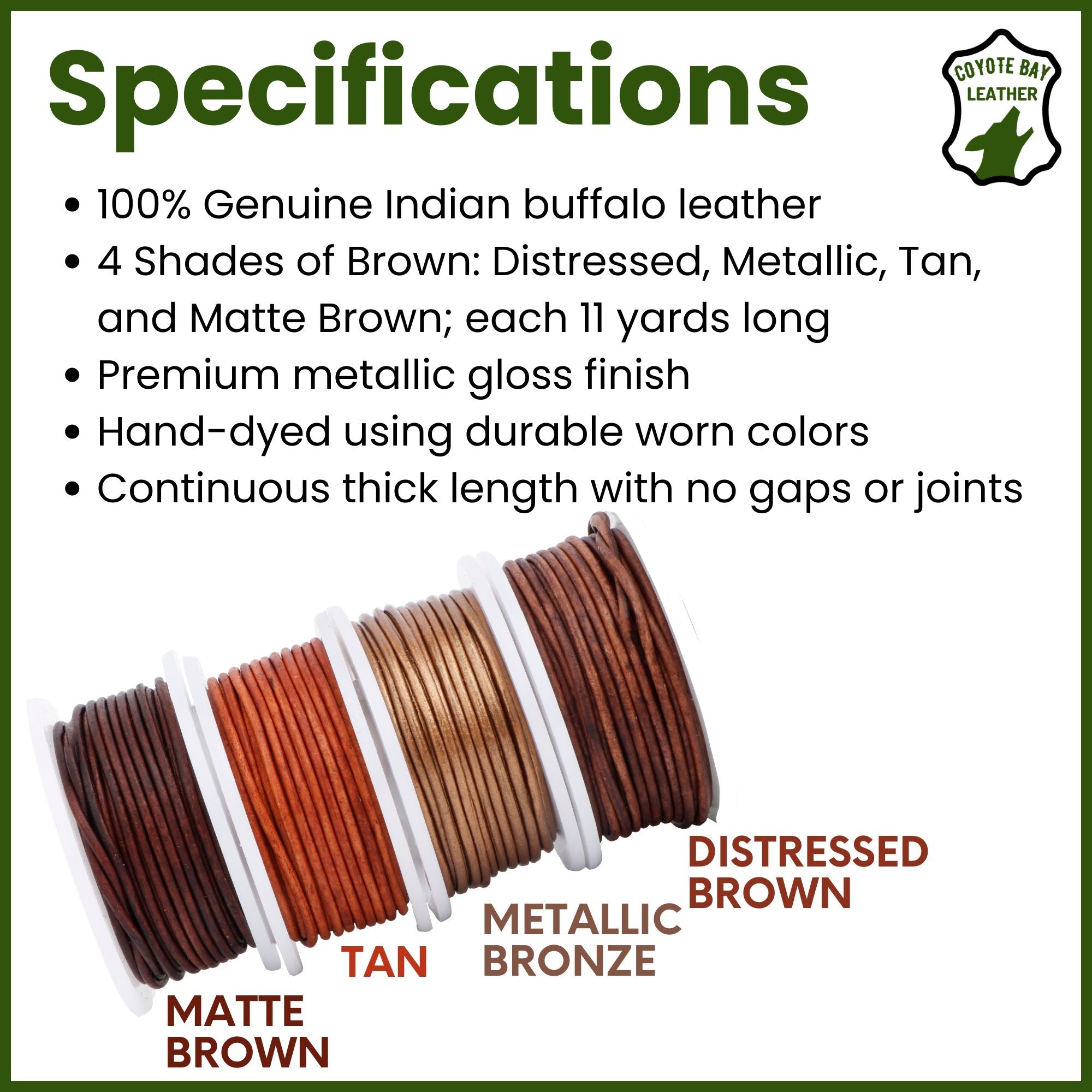 Round buffalo leather cord, 4 shades of brown variety pack | specification chart