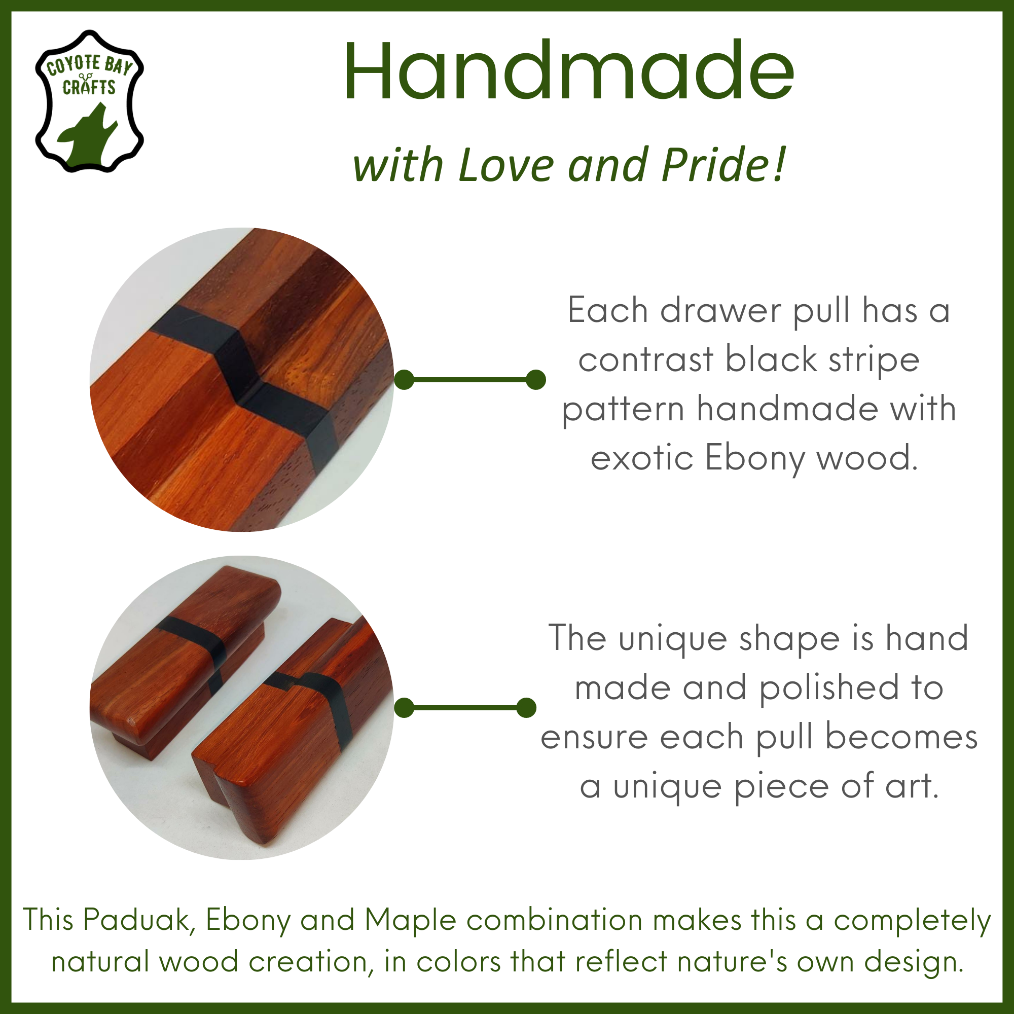 Handmade Wood Drawer Pulls, Padauk and Ebony, Pack of 2