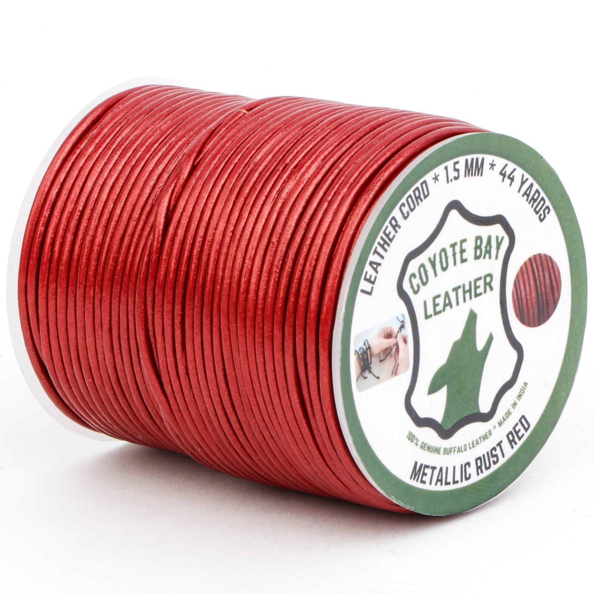 Spool of red leather cord with Coyote Bay Leather label on a white background