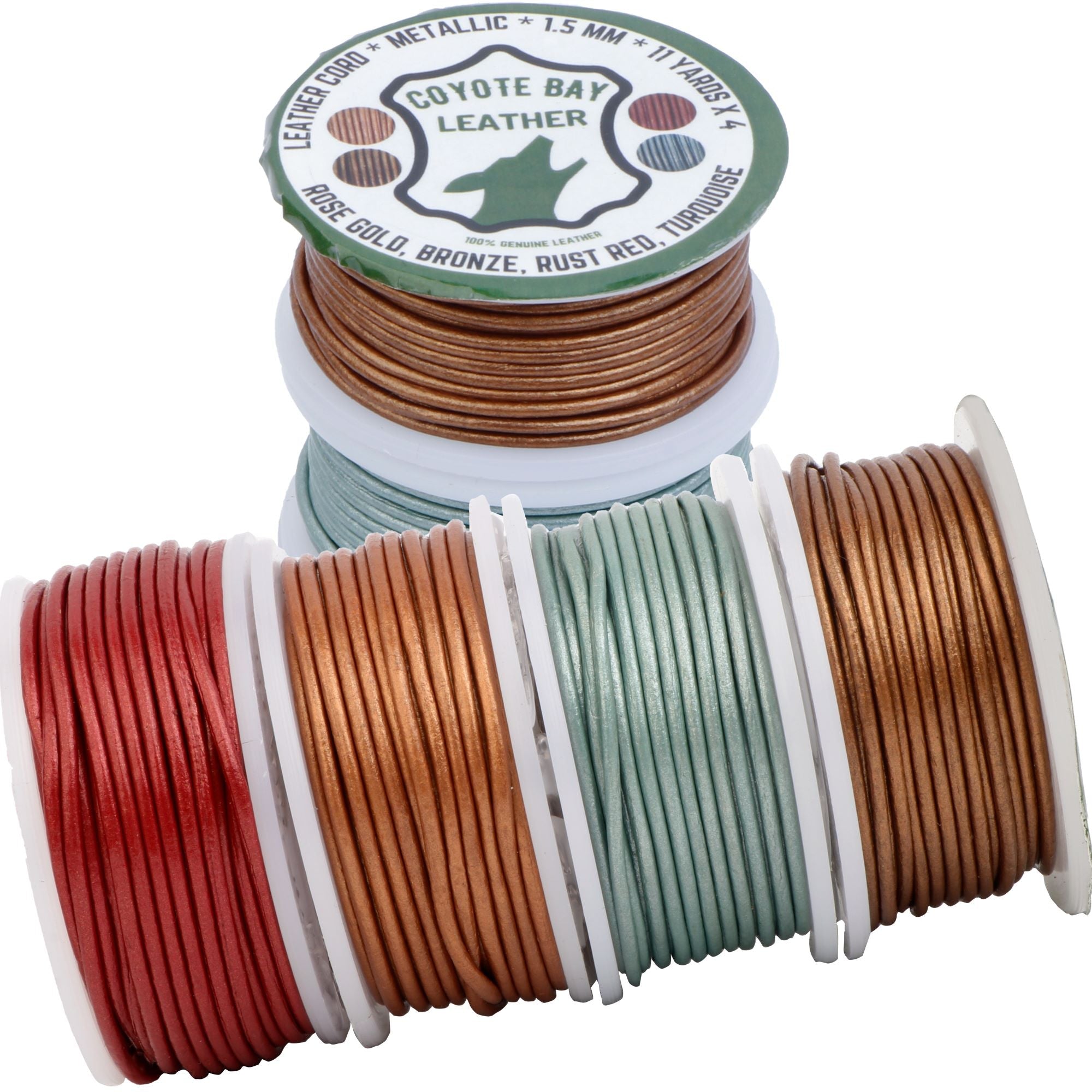 4 spools of leather cord with a Coyote Bay Leather label on a white background