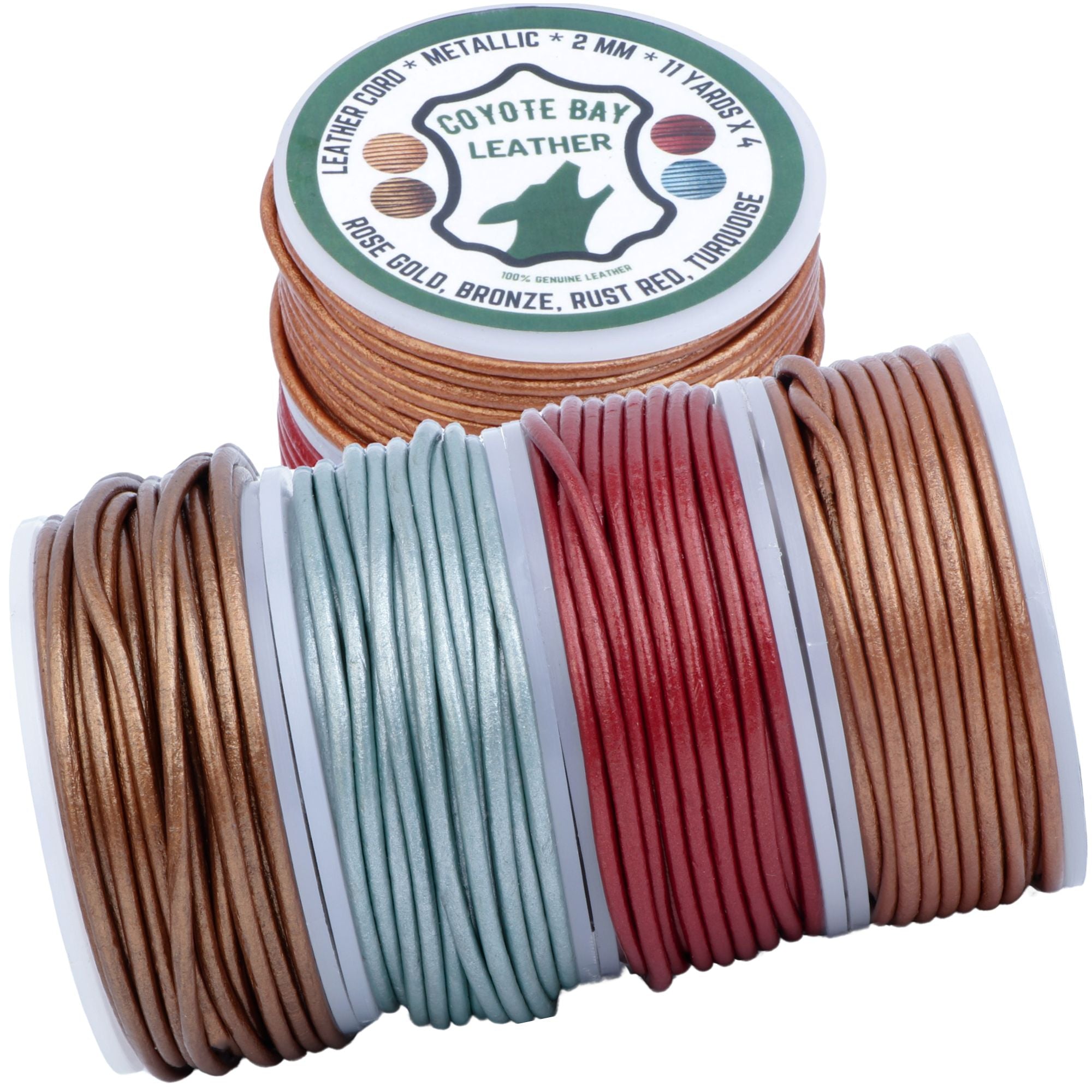 Round buffalo leather cord, metallic finish variety pack of four colors, 2 mm