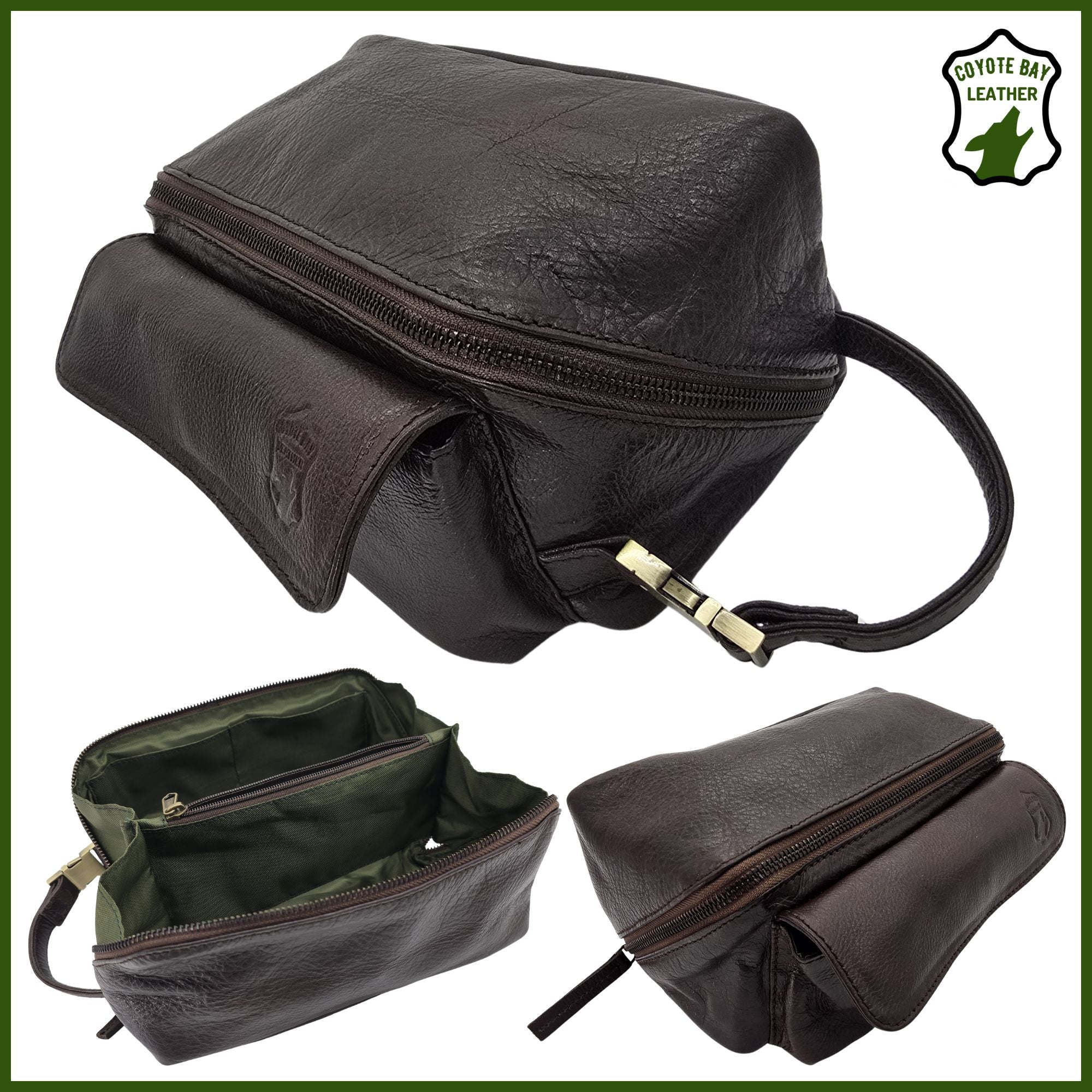 Flypouch Premium Full Grain Soft Leather Toiletry Bag, Makeup Bag, Travel Organizer Pouch, Shaving Kit, Cosmetics Bathroom Organizer