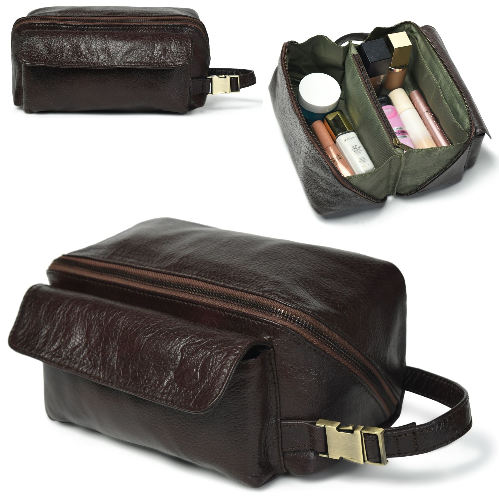 Flypouch Premium Full Grain Soft Leather Toiletry Bag, Makeup Bag, Travel Organizer Pouch, Shaving Kit, Cosmetics Bathroom Organizer Small