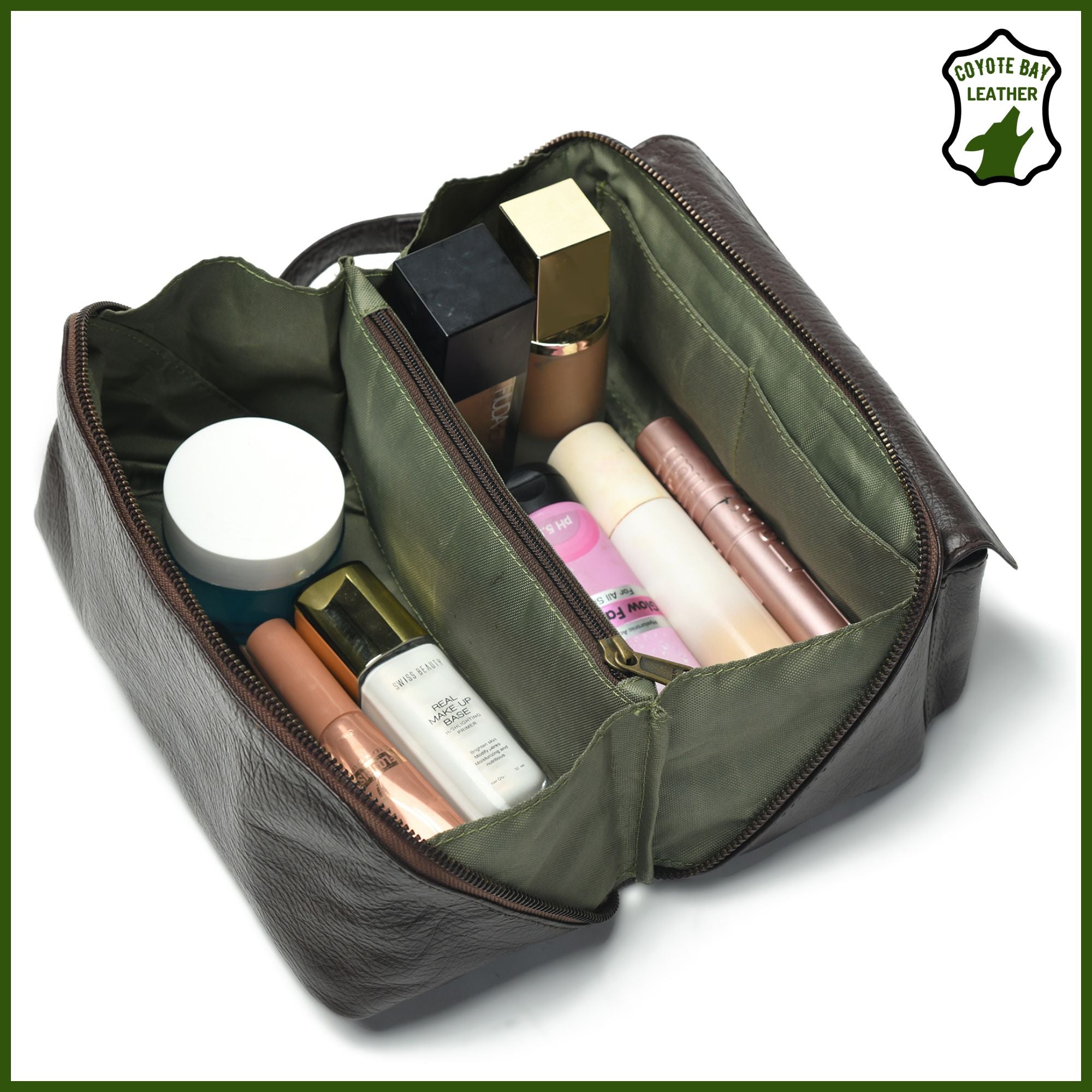 Flypouch Premium Full Grain Soft Leather Toiletry Bag, Makeup Bag, Travel Organizer Pouch, Shaving Kit, Cosmetics Bathroom Organizer